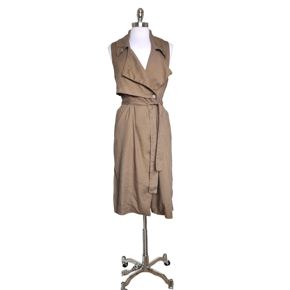 Anthropologie Hollis Tie Front Olive Sleeveless Trench Coat Vest Dress Sz Small - Picture 6 of 10